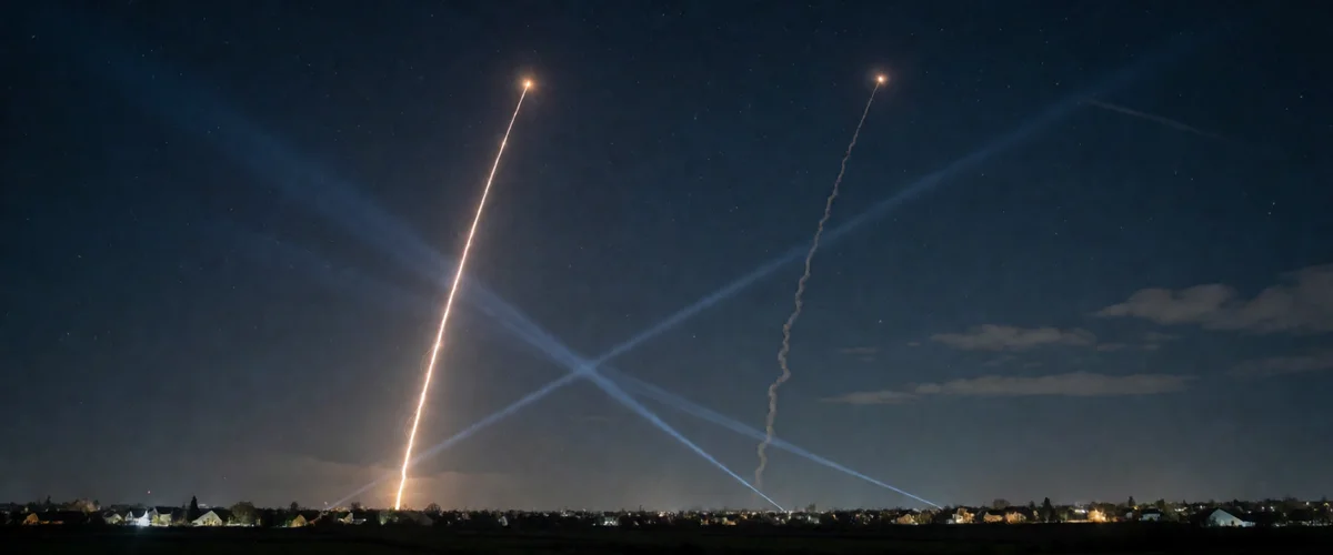 Night sky over a dark town horizon with two bright interceptor missile trails climbing, one smooth orange-white and one smoky gray, searchlight beams crossing above, scattered house lights below, stars overhead.