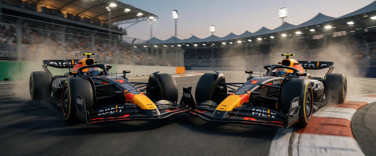 Two dark navy Formula 1 cars with red and yellow accents side by side through a corner at dusk, front wings nearly touching, red-and-white kerbing, spray misting from the tires, packed grandstands and floodlight towers behind.