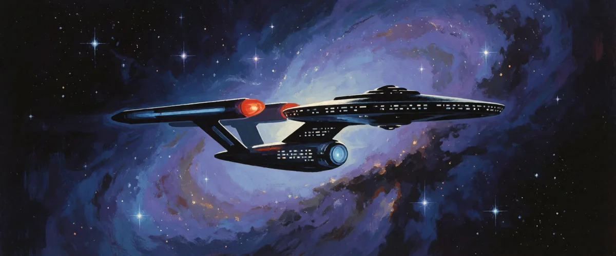 A painted starship with a saucer section and two nacelles drifting before a purple nebula scattered with bright stars