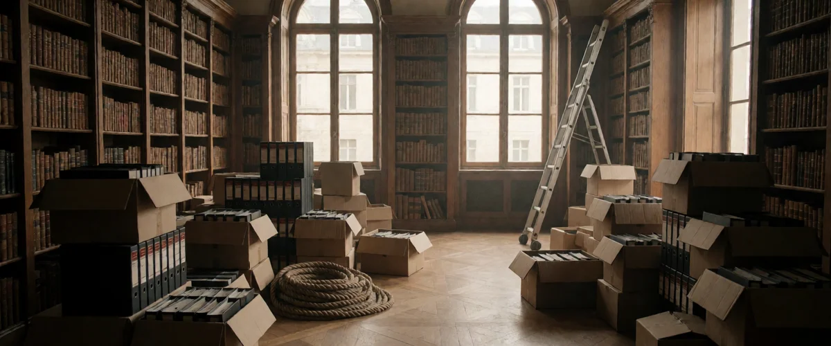 A grand old law library being packed up, tall wooden shelves of leather-bound books, open cardboard boxes of binders on a parquet floor, a leaning library ladder and a coiled rope, pale daylight through arched windows.