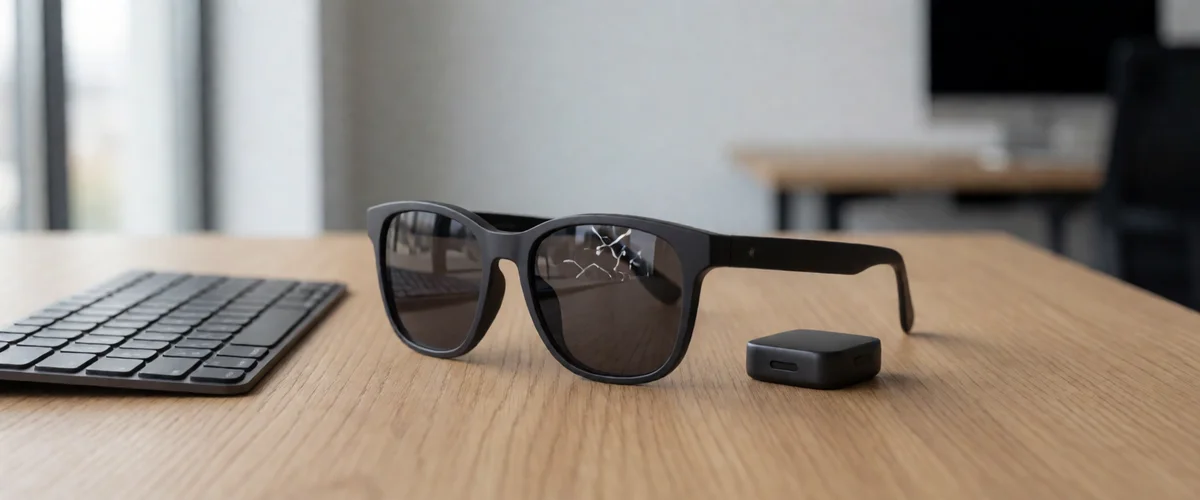 Dark smart glasses with tinted lenses and a small matte-black compute puck on a light oak desk, soft window light, blurred office behind.